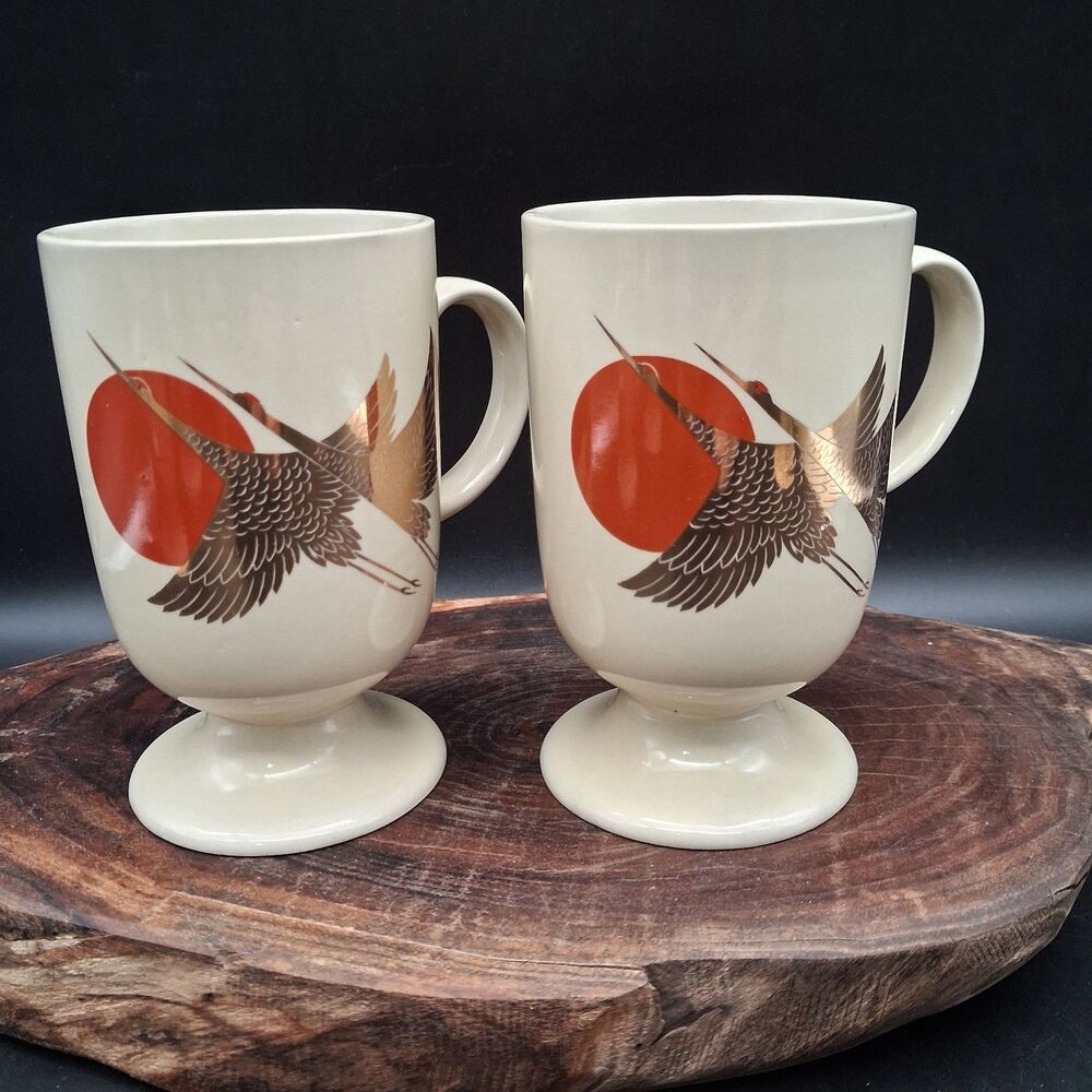 Vintage Takahashi Japan Gold Crane Red Sun Pedestal Mugs Set of 2 Matching Pair